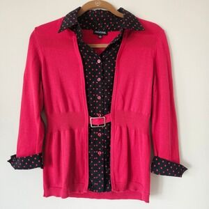 Notations Layered Cardigan Womens Small Red Polka Dot 2-in-1 Belted Cottagecore‎